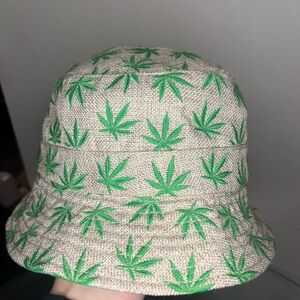 Beige Bucket Hat with Green Leaf Print - Unbranded